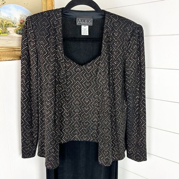 Alex Evenings 2 Piece Maxi Dress and Jacket Size 4P Black Gold Formal Glitter - Picture 3 of 8